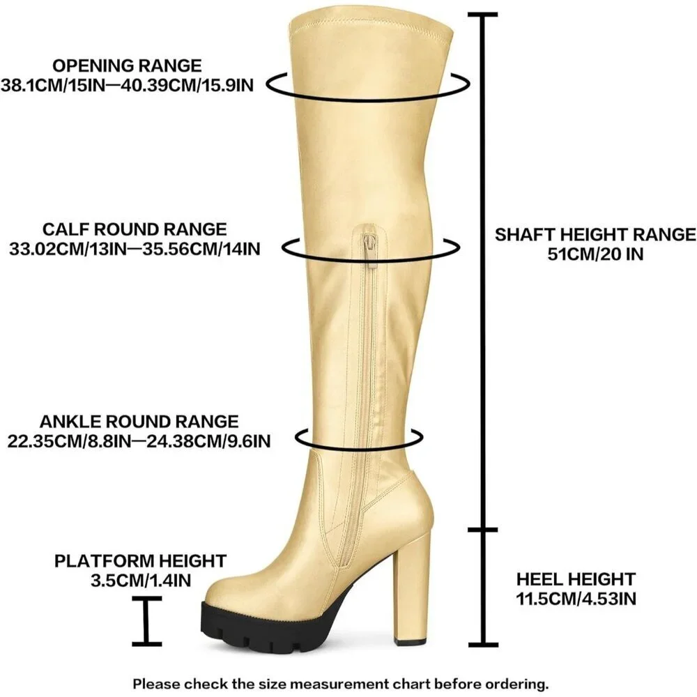 Women's Gold Platform Boots Chunky Heel Over Knee High Rounded Toe Long Boots
